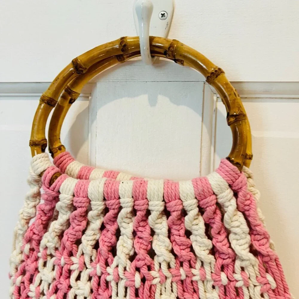 Vintage 70s Macrame Market Bag, Crochet Hobo Handbag, Handwoven Purse w Bamboo